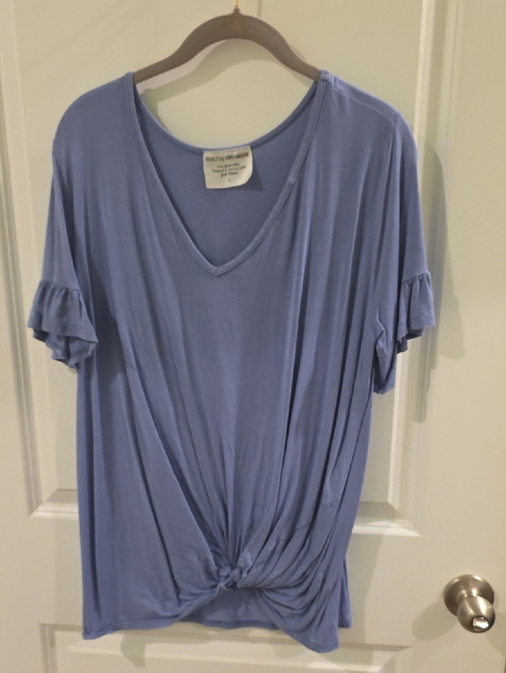 Dreamers Dusty Blue V-Neck Knot Front Short Sleeve Top